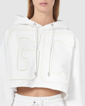 Load image into Gallery viewer, Embroidered GCDS logo crop hoodie: Women Hoodies Dark White | GCDS
